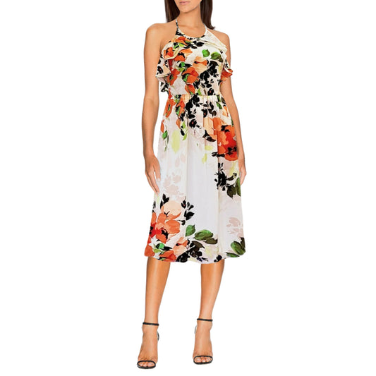 Nicole Miller Women's Floral Print Halter Ruffle Neck Fit & Flare Midi Dress