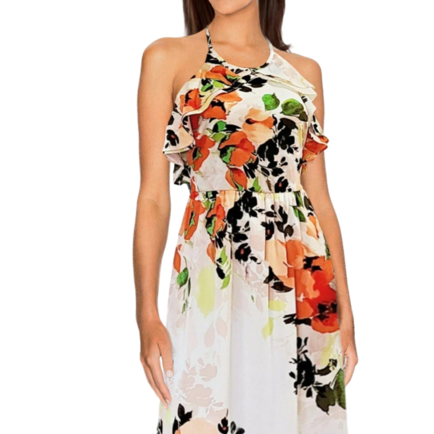 Nicole Miller Women's Floral Print Halter Ruffle Neck Fit & Flare Midi Dress