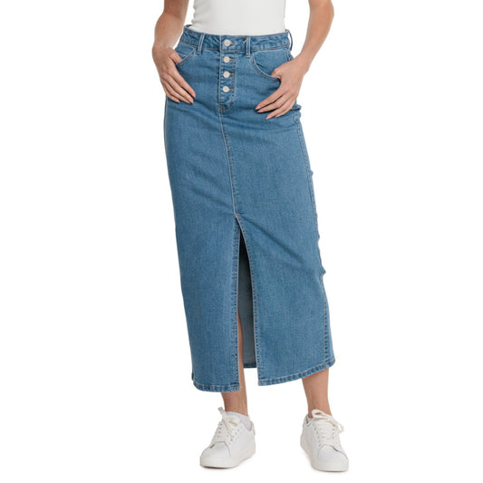 OAT NEW YORK Women's Five Pocket Style Front Slit Denim Maxi Skirt