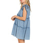 POL Women's Denim Raffle Sleeve Tired Mini Dress