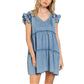 POL Women's Denim Raffle Sleeve Tired Mini Dress