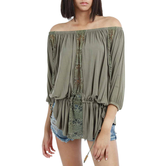 POL Boho Off the Shoulder Lace inserts Cotton blend Blouse Tunic