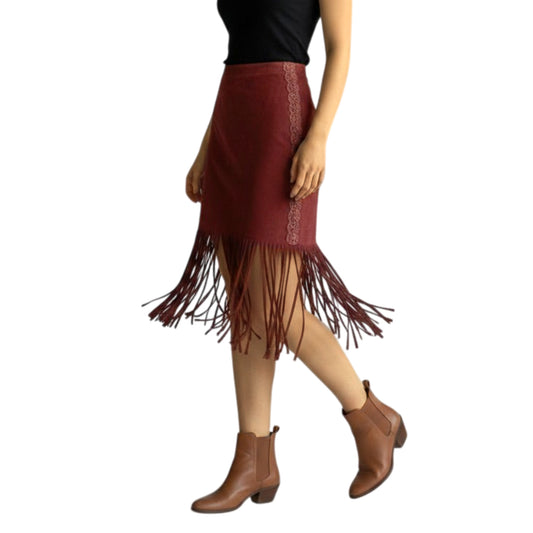 POL Women's Boho Ribbed Cotton Jersey Fringe Hem Lace Trim Midi Skirt