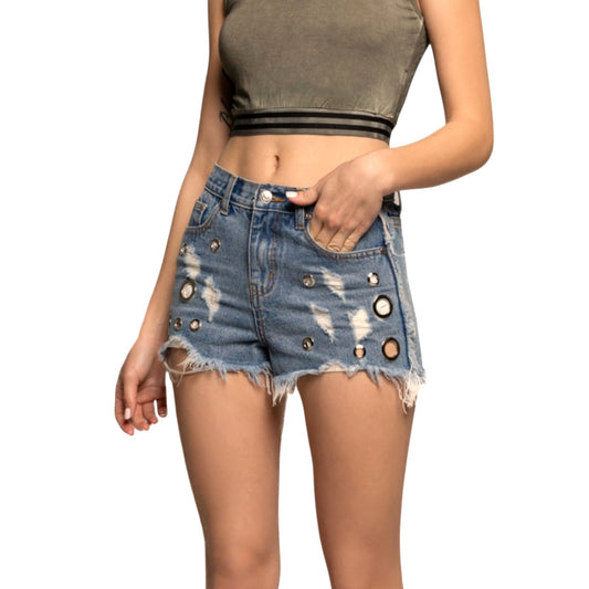 POL Women's High Rise Destructed Frayed Hem Denim Shorts