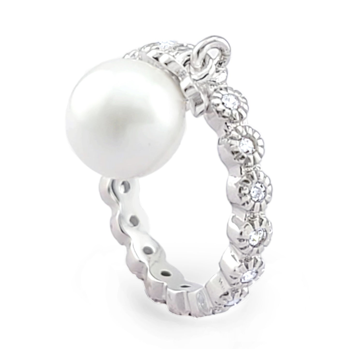 Fashion Women's 925 Sterling Silver Round Eternity Band & Dangle Pearl  Ring