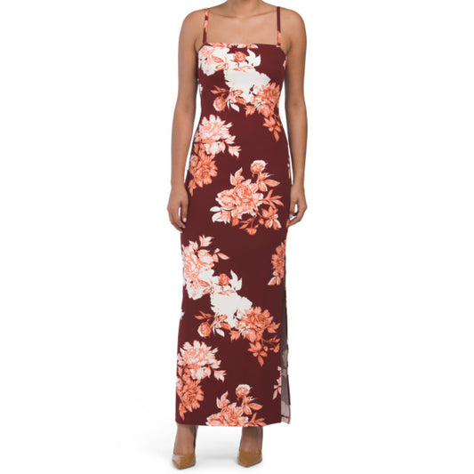 This stunning RACHEL ROY women's maxi dress features a chic square neckline, adjustable straps, side slit detail, and lively floral pattern on stretch polyester/spandex for all day comfort. Suited to sunny spring through summer seasons, it's a go-to for semi formal events like outdoor graduations, summer date nights, cocktail hours, or festive gatherings, exuding vibrant, sophisticated elegance.