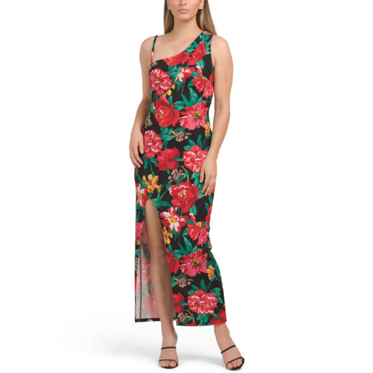 Feel stunning in the RACHEL ROY Phoenix maxi dress with its bold asymmetrical one shoulder silhouette, adjustable strap, front slit for added allure, and vibrant black floral print. The figure flattering stretch fabric shines in warm weather seasons like late spring through summer great for versatile occasions including weddings, fancy restaurant outings, cocktail hours, or milestone celebrations in sophisticated, head-turning elegance.