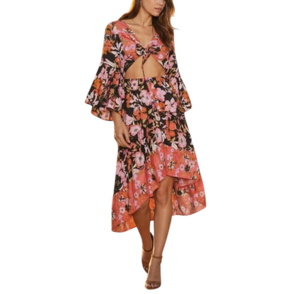 RAGA Women's Floral Print Butterfly Cut Out Hi-Low Maxi Dress