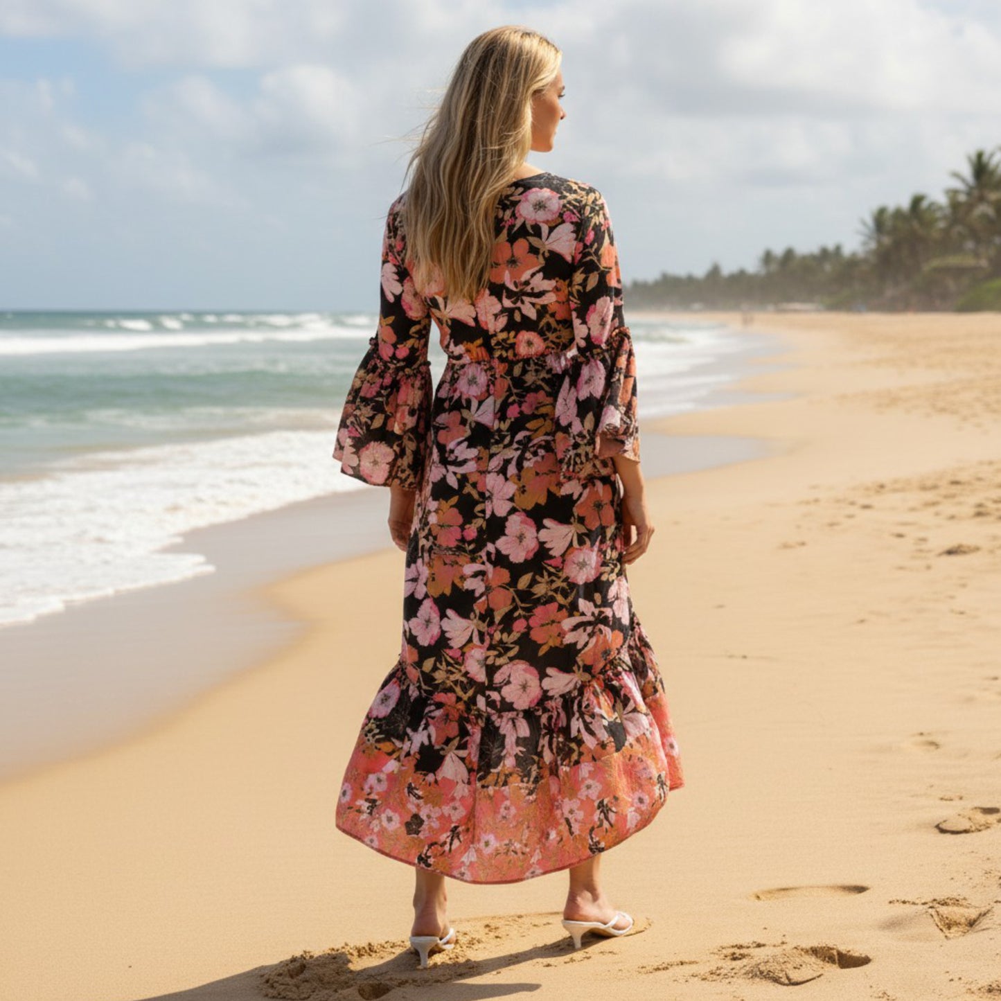 RAGA Women's Floral Print Butterfly Cut Out Hi-Low Maxi Dress