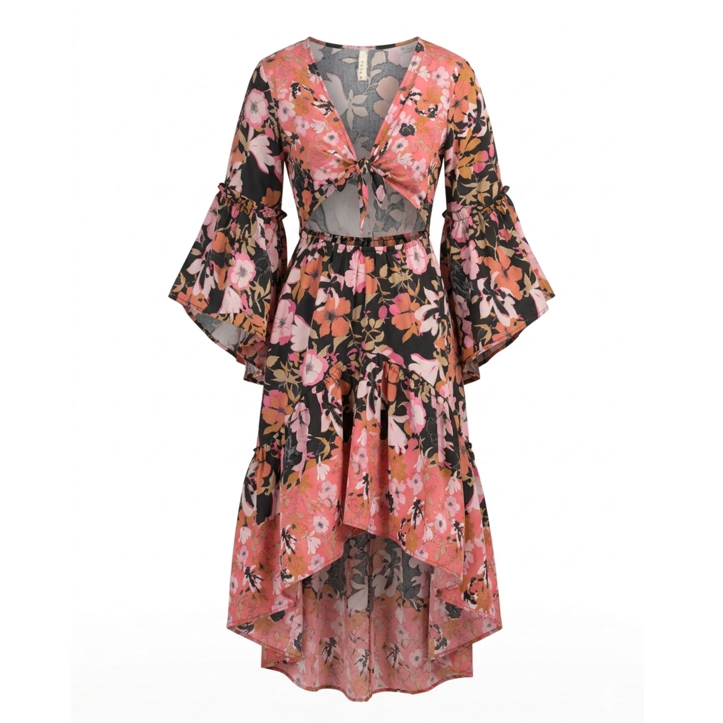RAGA Women's Floral Print Butterfly Cut Out Hi-Low Maxi Dress