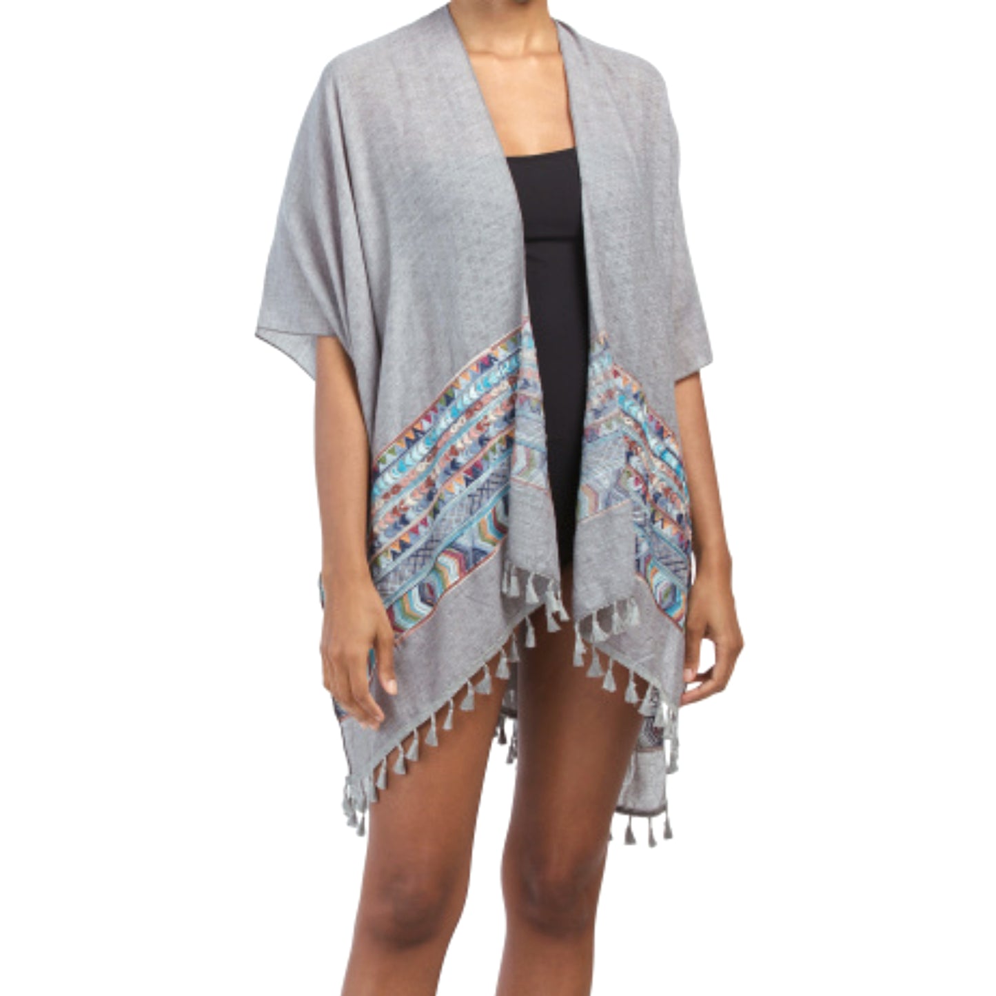 RAJ Women's Aztec Embroidered Tassel Trim Beach Cover-up Boho Kimono Shawl Wrap