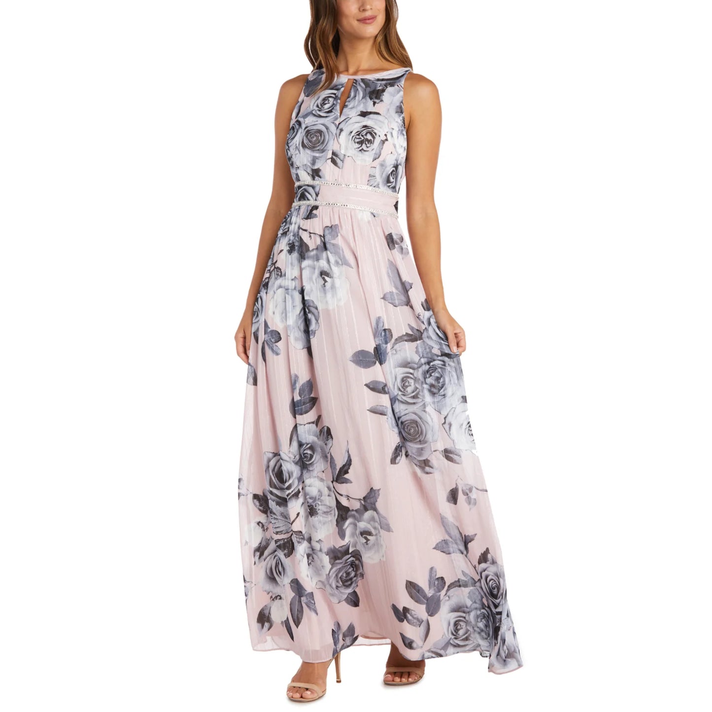 R&M RICHARDS Floral Print Rhinestone Waist Gown Maxi Dress