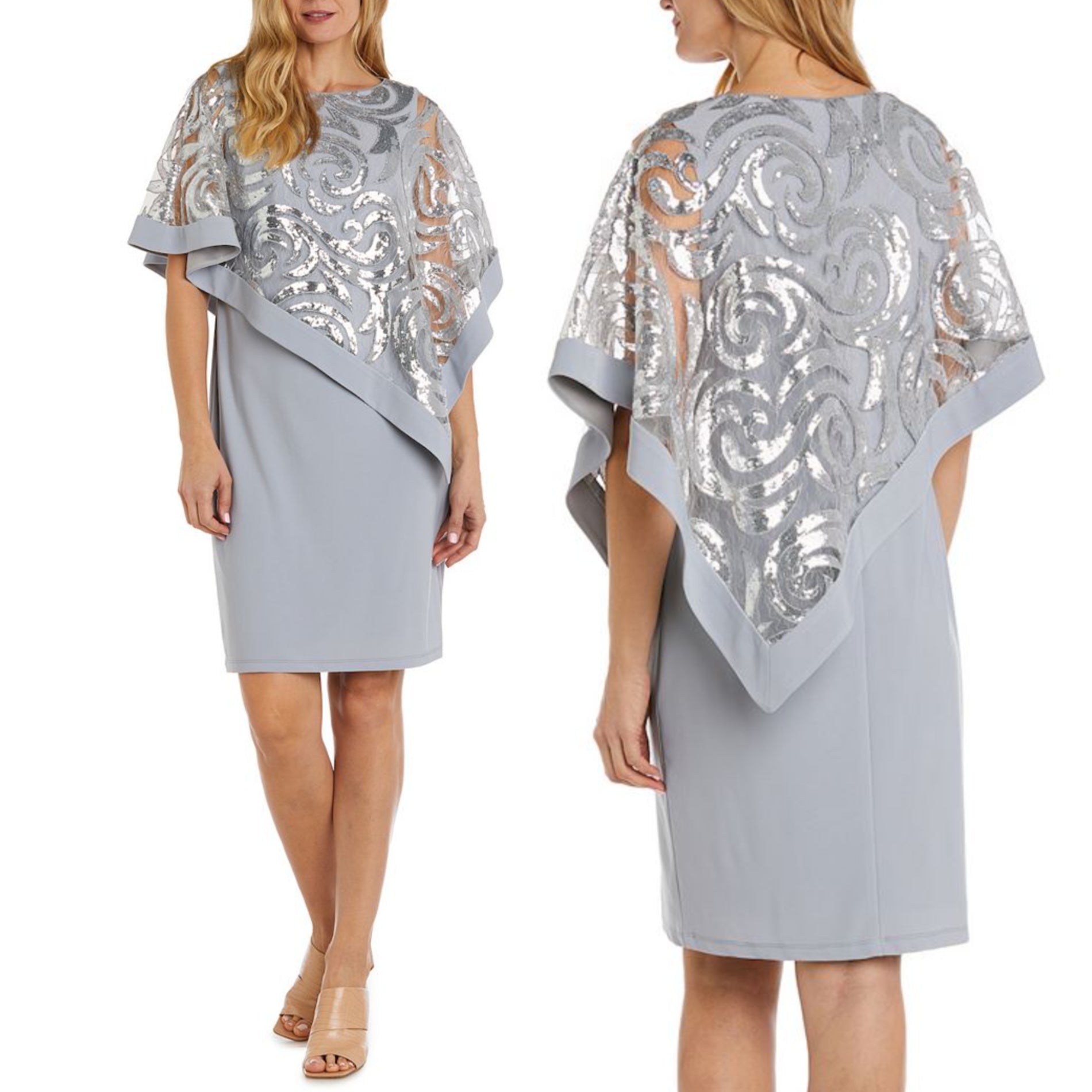 A model wearing a silver mini dress with a sequin swirl poncho over the shoulders, featuring an asymmetric handkerchief hem.