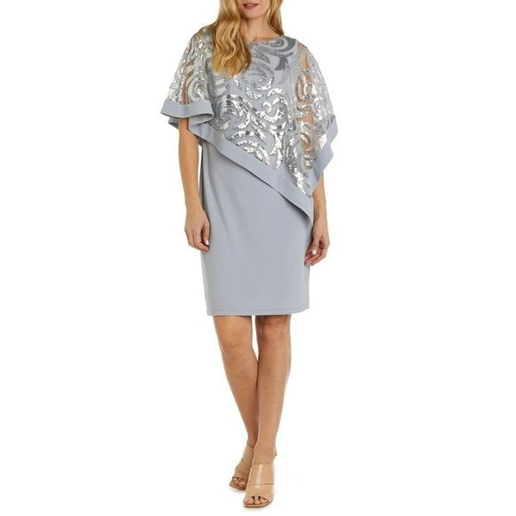 sequin poncho dress R & M Richards Women's 1 Pc Emb Sequin Lace Poncho Over Ity Sheath Long Dress, Silver, 16W