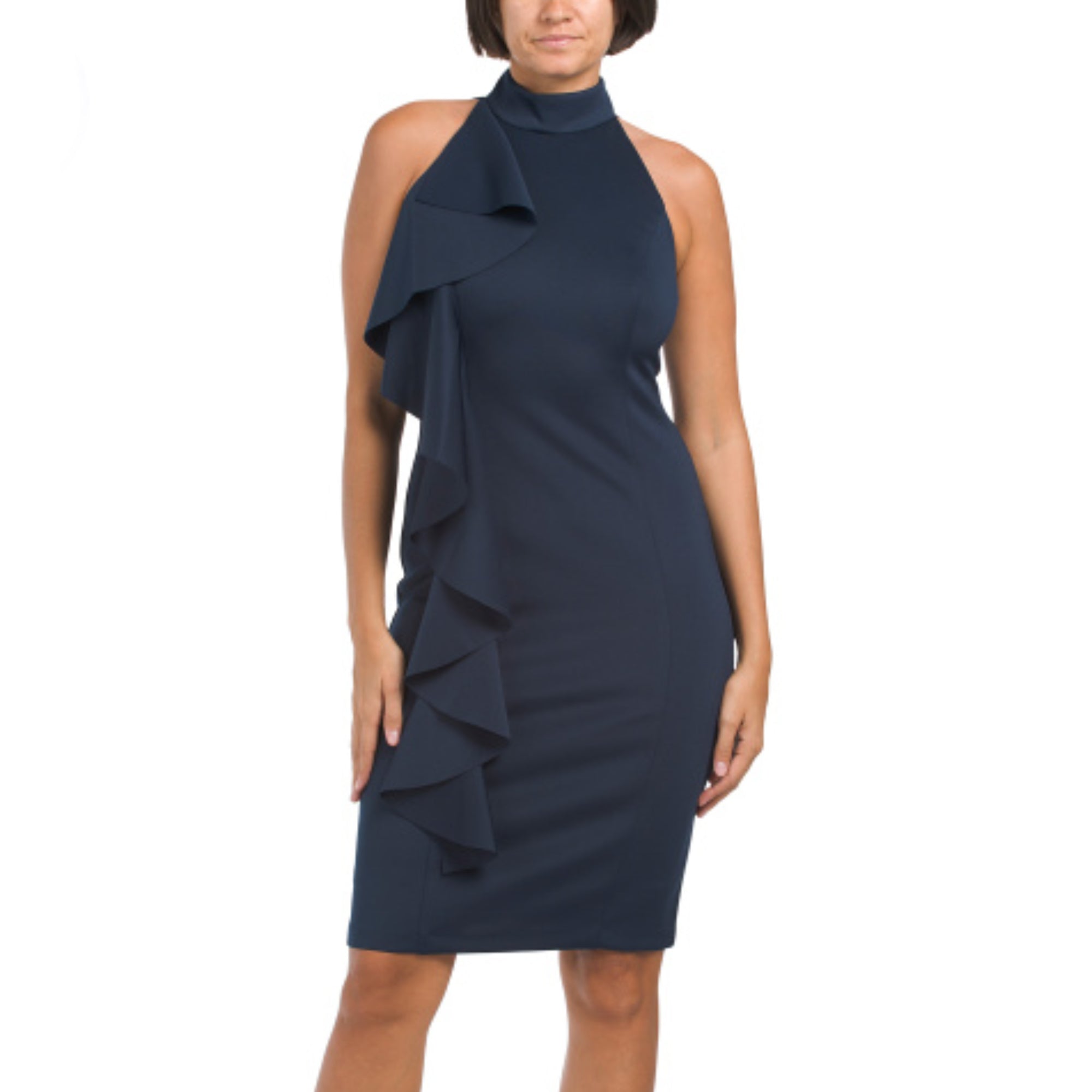 Rachel Zoe Women's Halter Neck Ruffle Midi Dress Navy / 10