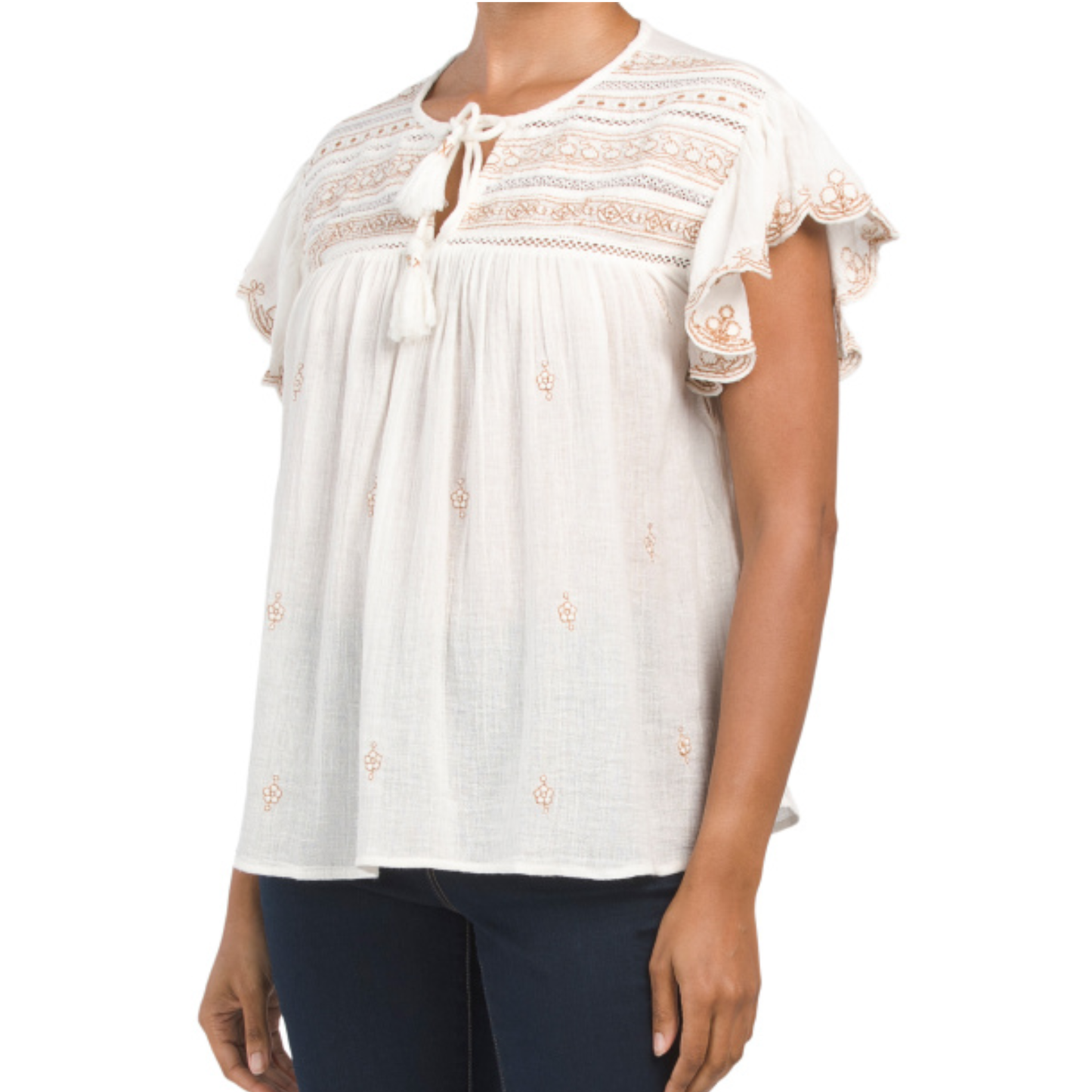 Rachel Zoe Women's Short Sleeve Embroidered Split Neck Blouse Top