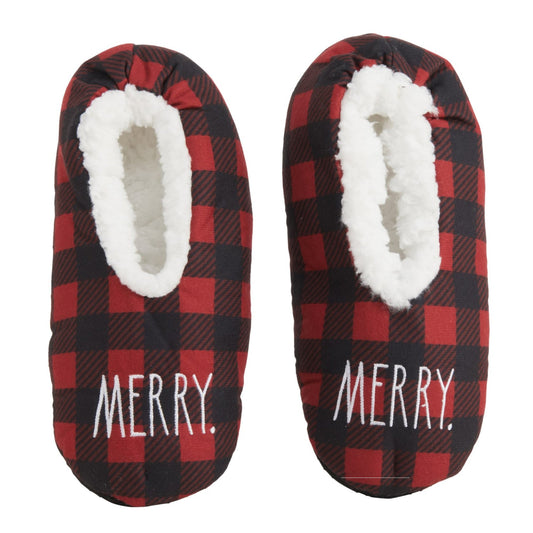 Rae Dunn Women's Merry Merry Plaid Plush Faux Fur Christmas Cozy Slippers