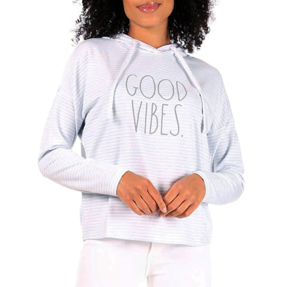 Rae Dunn Women's Ultra Soft Good Vibes Graphic Print Striped Sweatshirt Top Hoodie
