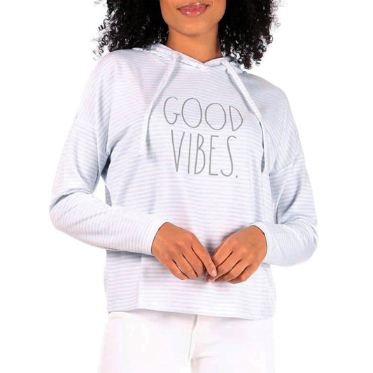 Rae Dunn Women's Ultra Soft Good Vibes Graphic Print Striped Sweatshirt Top Hoodie