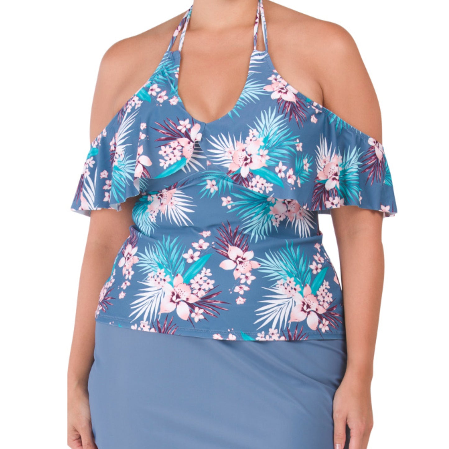 Raisins Curve Women's Plus Tropical Floral Print Ruffle Shea Swim Tankini Top