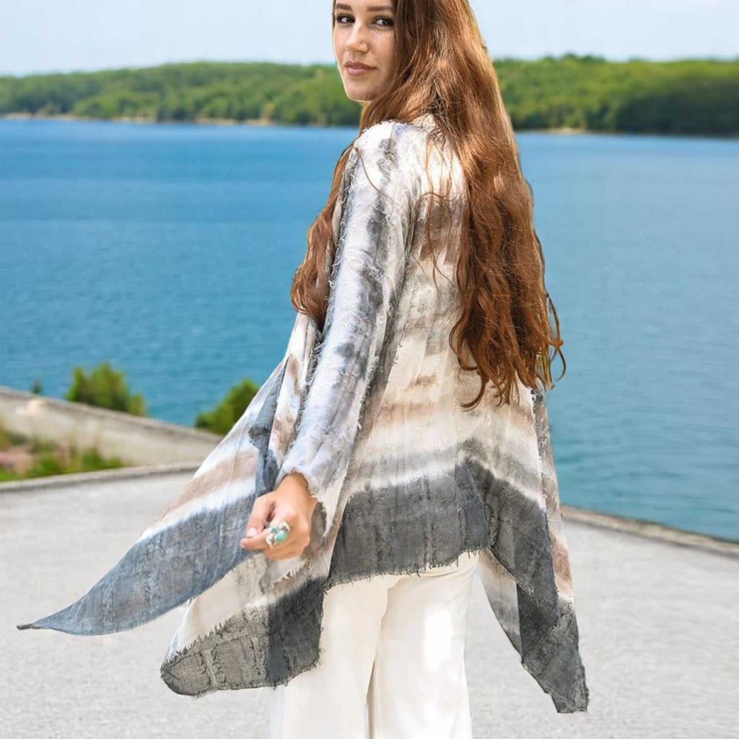 RAJ Women's Ariana Frayed Tie Dye Cover Up Kimono Top
