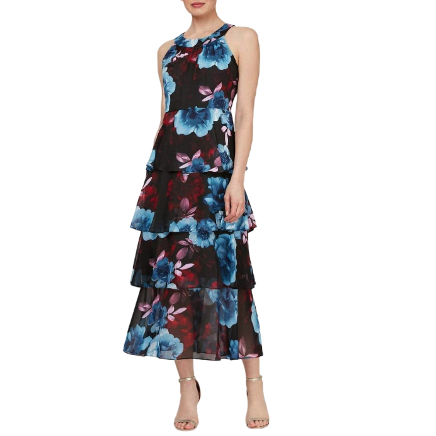 S.L. Fashions Sleeveless Floral Print Flowing Ruffle Tiered Party Maxi Dress