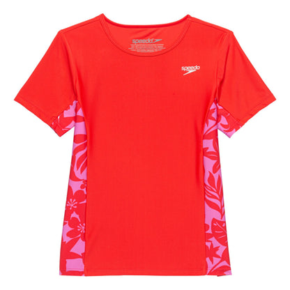 Speedo Big Girls Short Sleeve Print Splice Rash Guard UPF 50+ T-Shirt Swim Top