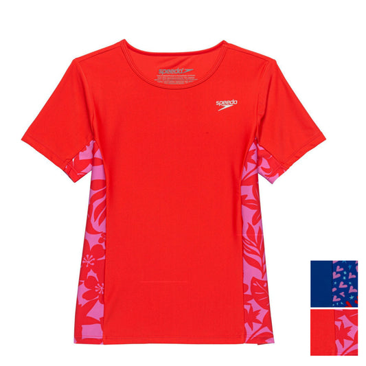 Speedo Big Girls Short Sleeve Print Splice Rash Guard UPF 50+ T-Shirt Swim Top