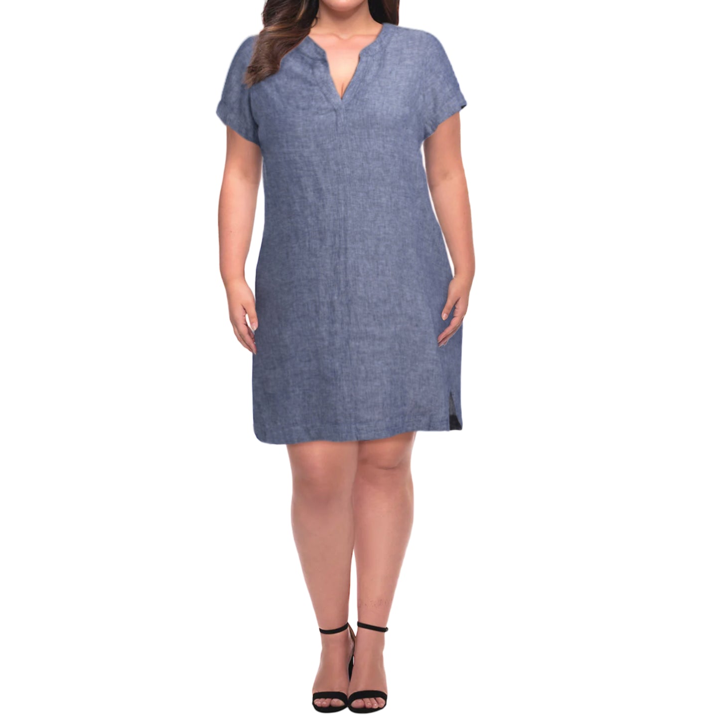 TAHARI Women's Plus Linen Short Sleeve Split Neck Mini Dress
