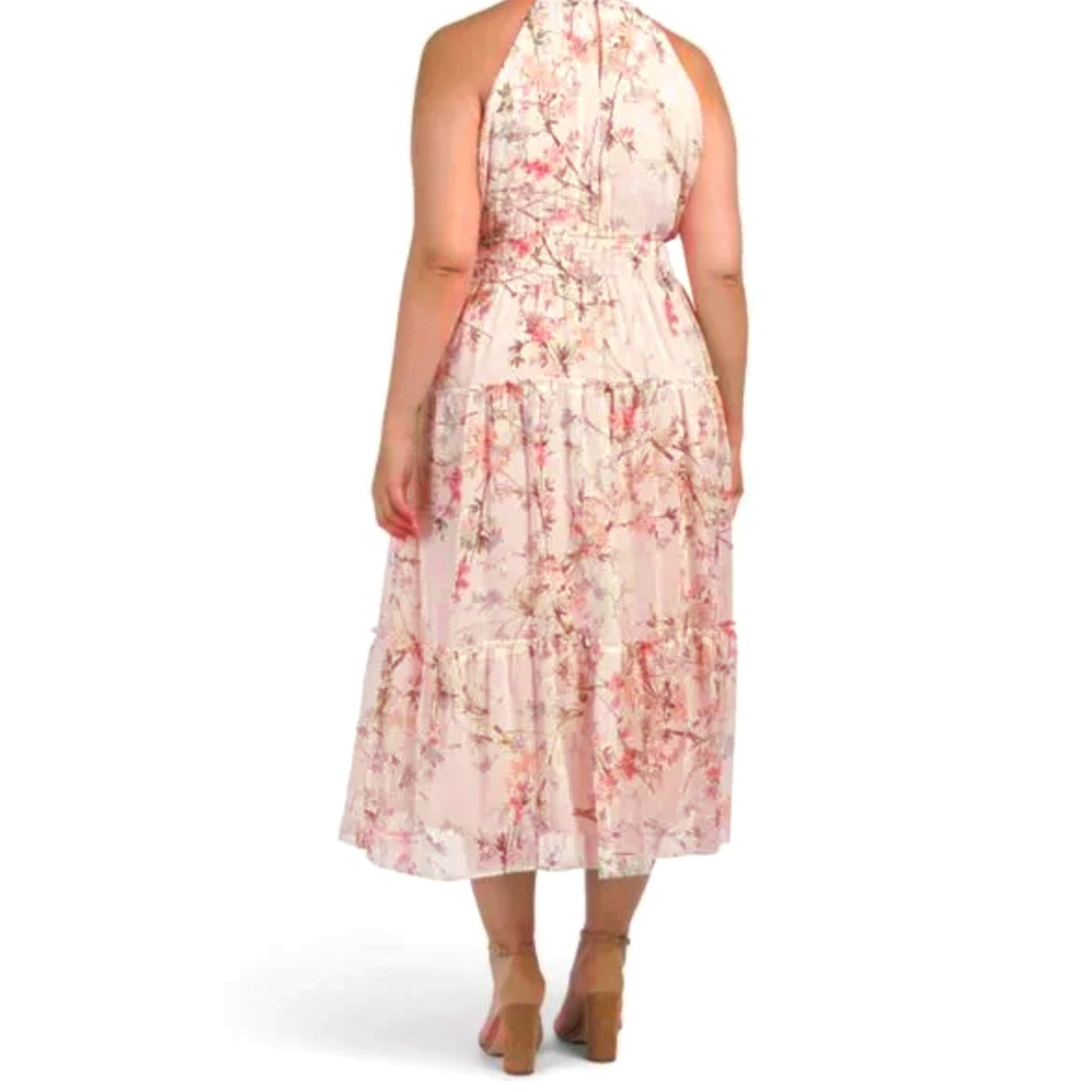 TAYLOR Women's Plus Floral Print Smocked Waist Tiered Halter Midi Dress