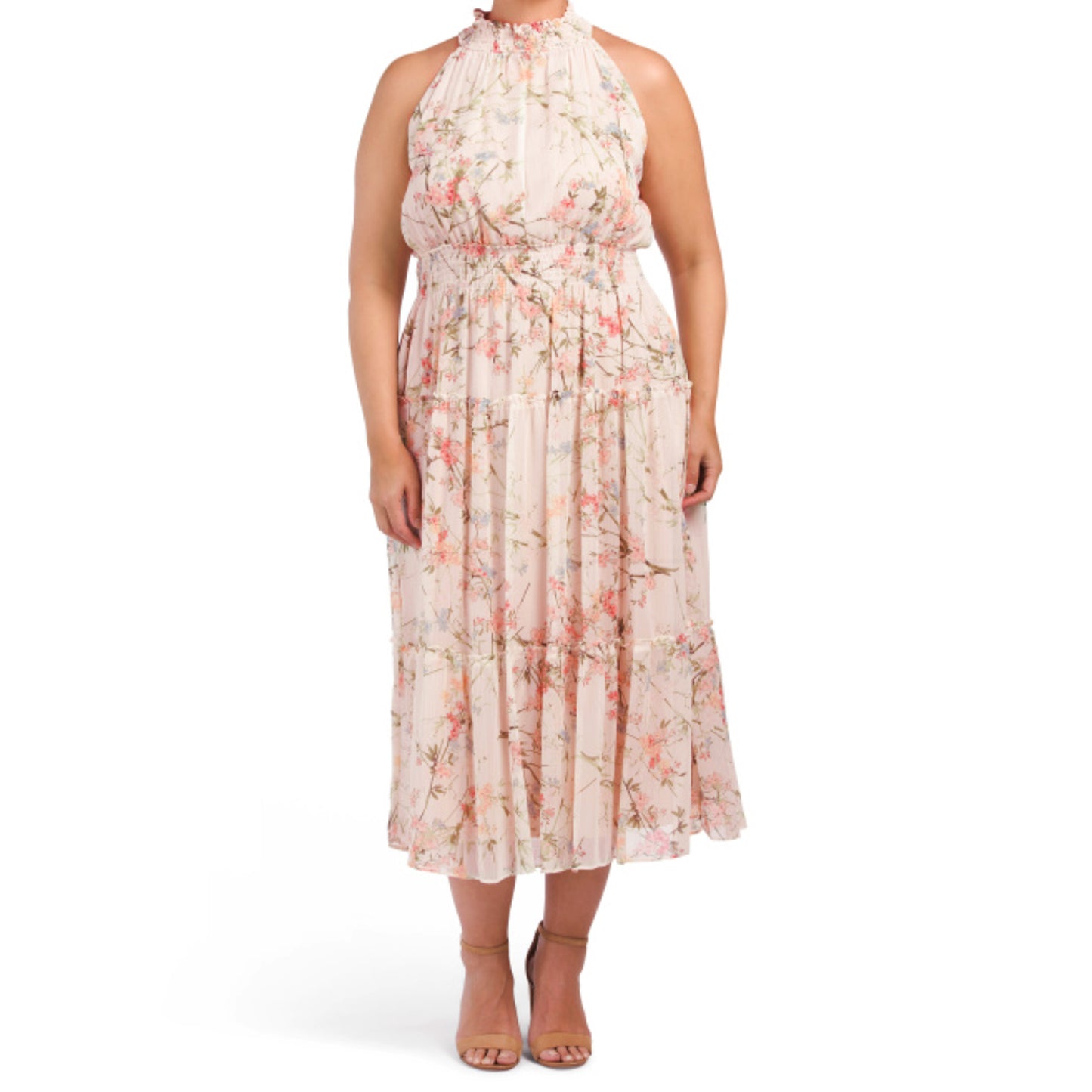 TAYLOR Women's Plus Floral Print Smocked Waist Tiered Halter Midi Dress