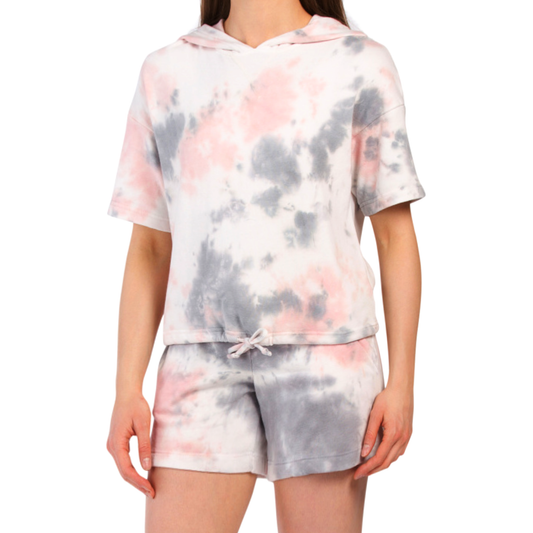 TE VERDE Women's Soft Cotton Fleece Lined Short Sleeve Tie Front Tie Dye Hoodie