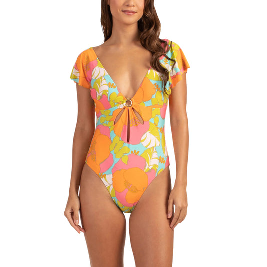 Trina Turk Women's Playa De Flor Keyhole Front Flutter Sleeves One-piece Swimsuit