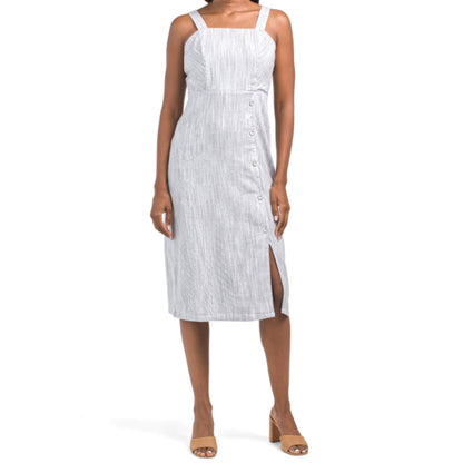 Tahari Linen Strappy Button Closure Stretch Striped Midi Dress Tahari Linen Strappy Button Closure Stretch Striped Midi Dress