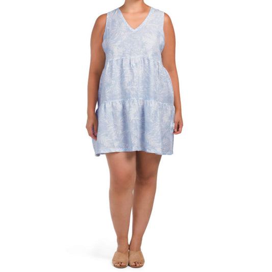 Tahari Women's Plus Linen Floral Print Sleeveless Tiered Mini Dress