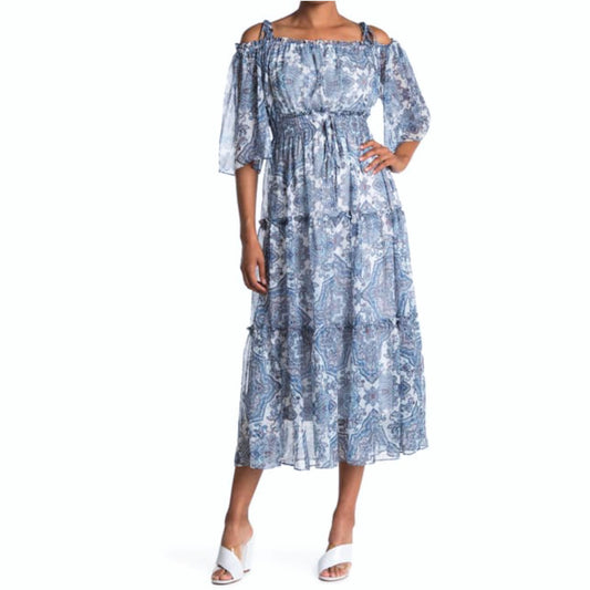 Taylor Women's Off The Shoulder Floral Print Chiffon Smocked Midi Dress