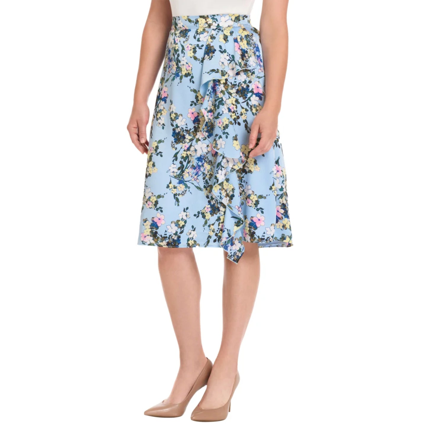 Embrace elegance and elevate your style with the Ted Baker midi skirt in beautiful powder blue. Featuring delicate ruffles on one side and an elastic back waistband for comfortable all-day wear, this lightweight skirt is crafted from 100% polyester for easy care. The charming floral print and midi length create a versatile piece perfect for casual outings or dressed-up occasions.&nbsp;