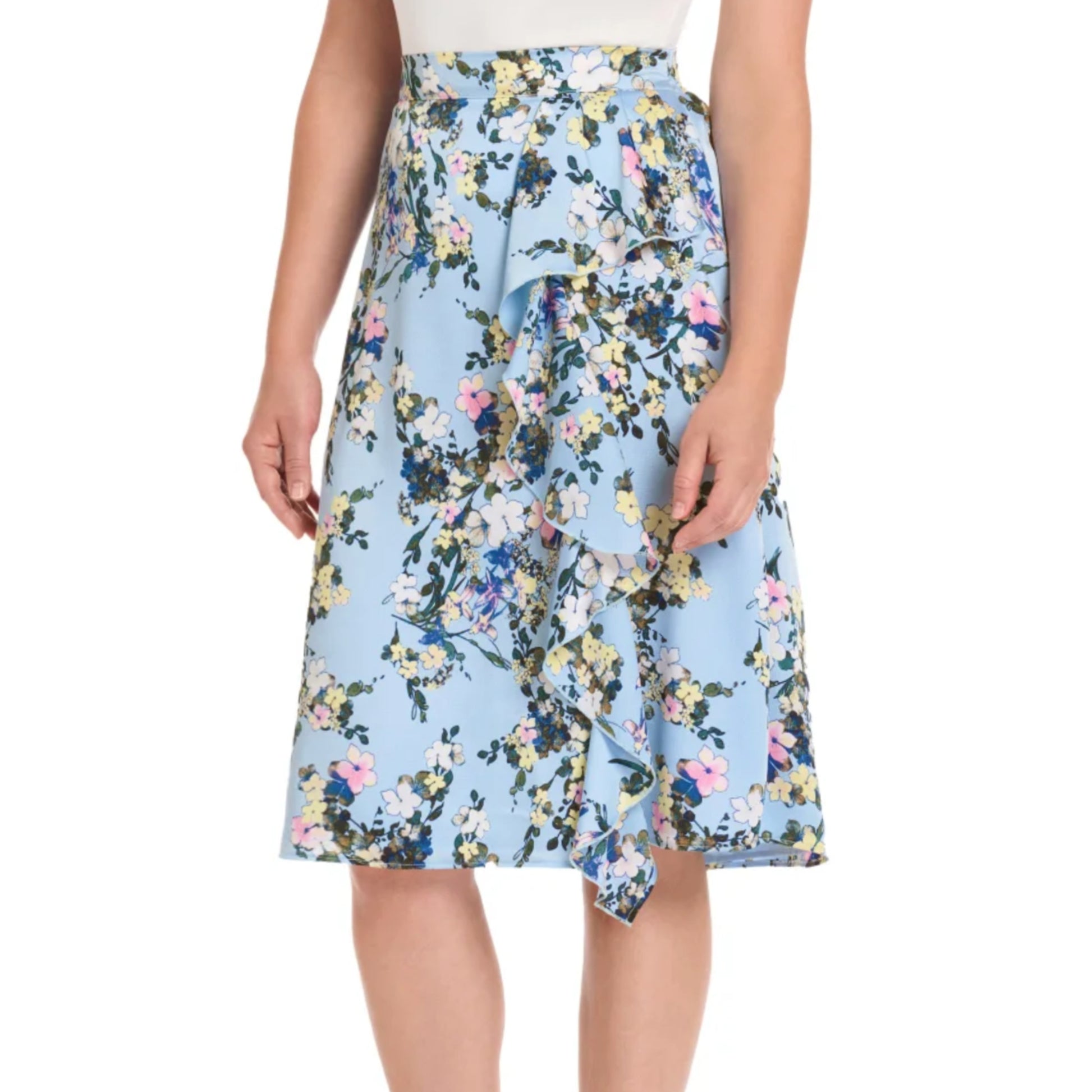 Embrace elegance and elevate your style with the Ted Baker midi skirt in beautiful powder blue. Featuring delicate ruffles on one side and an elastic back waistband for comfortable all-day wear, this lightweight skirt is crafted from 100% polyester for easy care. The charming floral print and midi length create a versatile piece perfect for casual outings or dressed-up occasions.&nbsp;