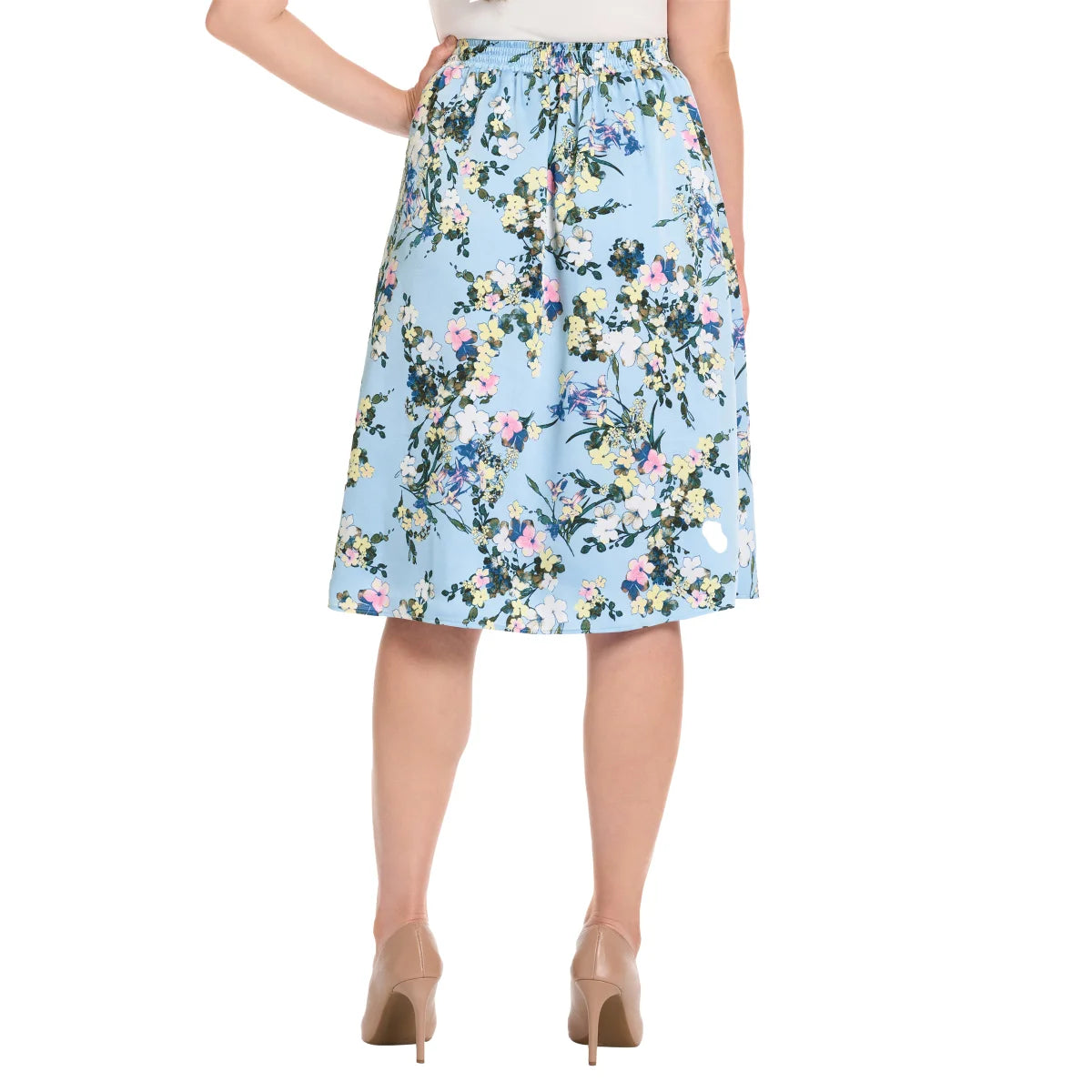 Embrace elegance and elevate your style with the Ted Baker midi skirt in beautiful powder blue. Featuring delicate ruffles on one side and an elastic back waistband for comfortable all-day wear, this lightweight skirt is crafted from 100% polyester for easy care. The charming floral print and midi length create a versatile piece perfect for casual outings or dressed-up occasions.&nbsp;
