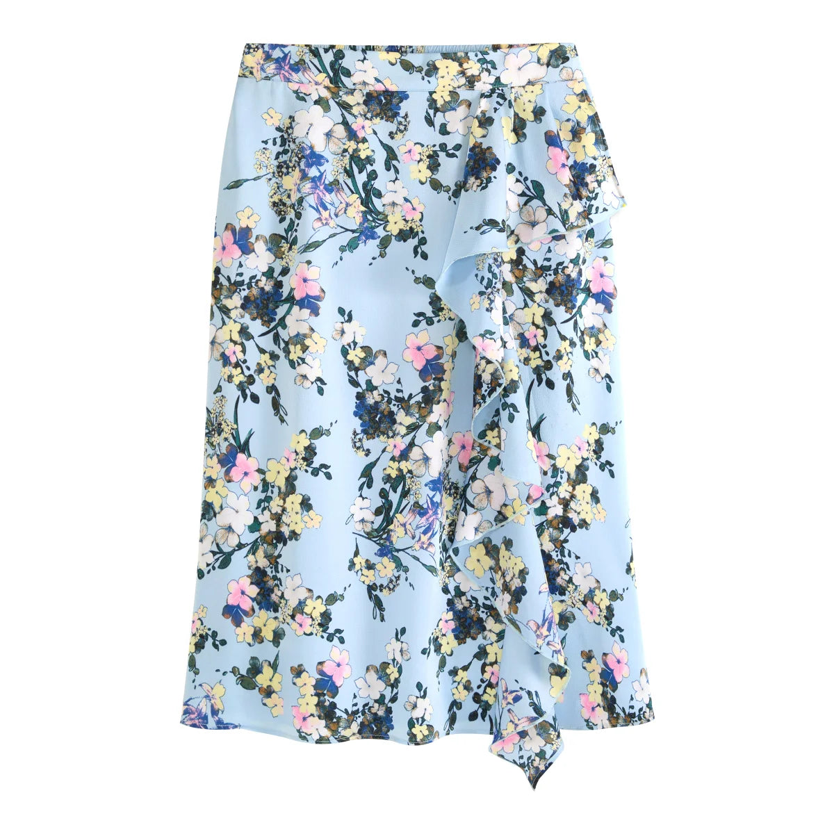 Embrace elegance and elevate your style with the Ted Baker midi skirt in beautiful powder blue. Featuring delicate ruffles on one side and an elastic back waistband for comfortable all-day wear, this lightweight skirt is crafted from 100% polyester for easy care. The charming floral print and midi length create a versatile piece perfect for casual outings or dressed-up occasions.&nbsp;