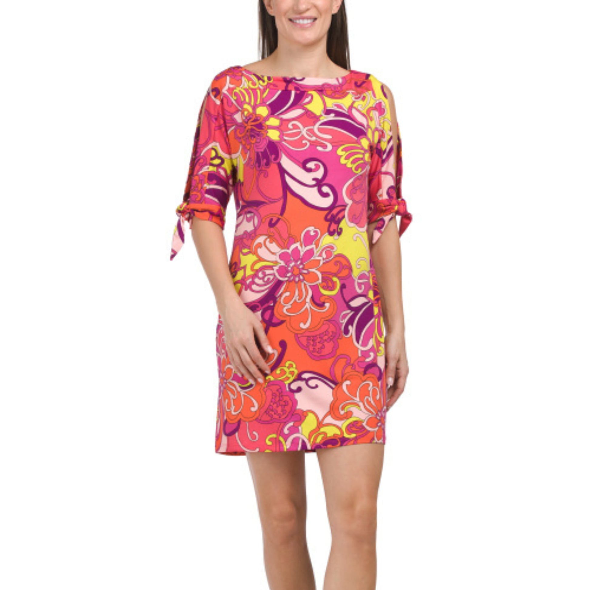 Trina Turk Women's Vinet Tie Sleeve Floral Medley Mini Dress (Pink, L) Trina Turk Women's Vinet Tie Sleeve Floral Medley Mini Dress (Pink, L)