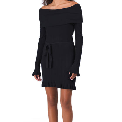 VERTIGO Cowl Neck Pleated Skirt Waist Tie Ribbed Knit Mini Dress