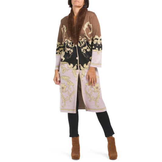 VERTIGO Women's Ornate Sunflower Intersia Button Front Knit Duster Coat