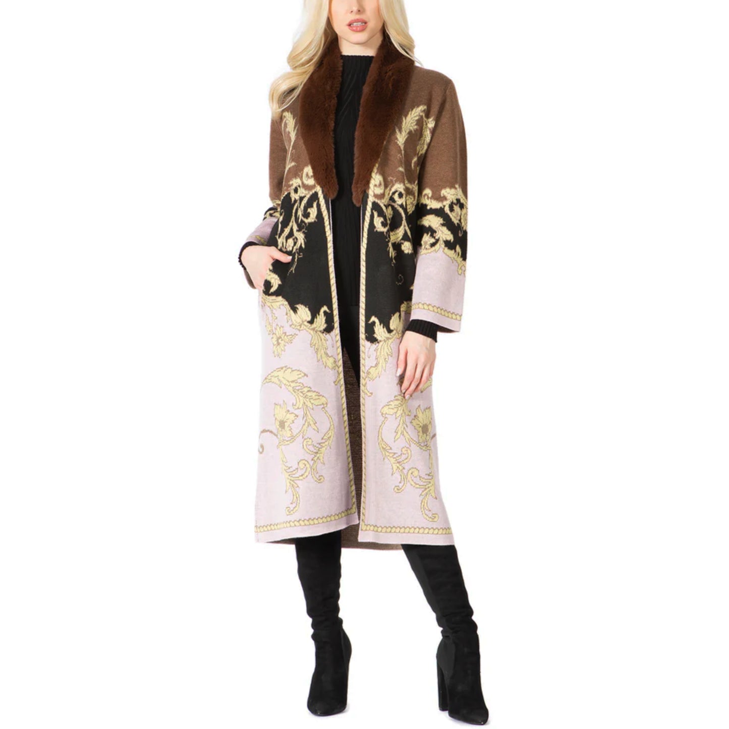 Vertigo Paris Women's Ornate Sunflower Intersia Button Front Knit Duster Coat