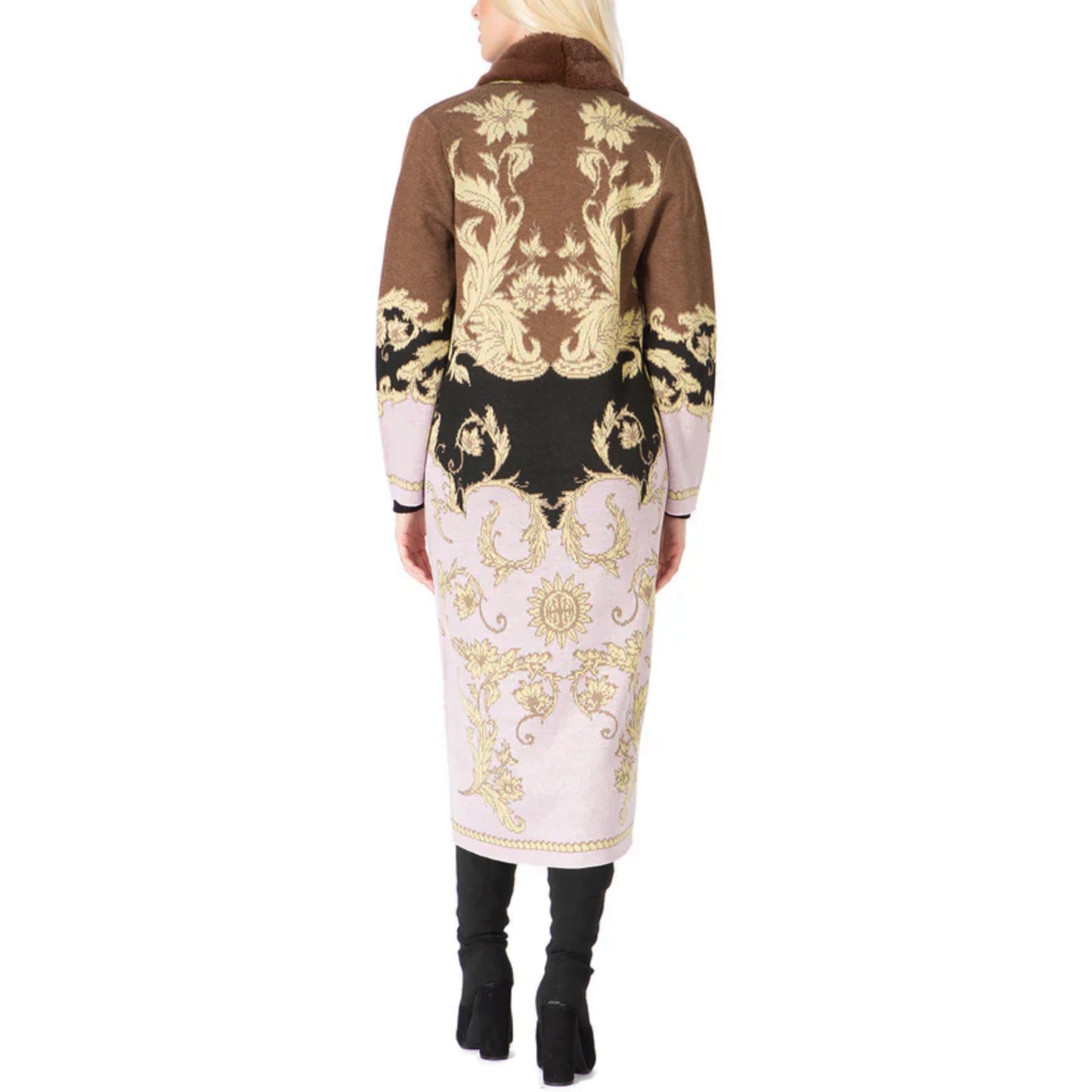 Vertigo Paris Women's Ornate Sunflower Intersia Button Front Knit Duster Coat