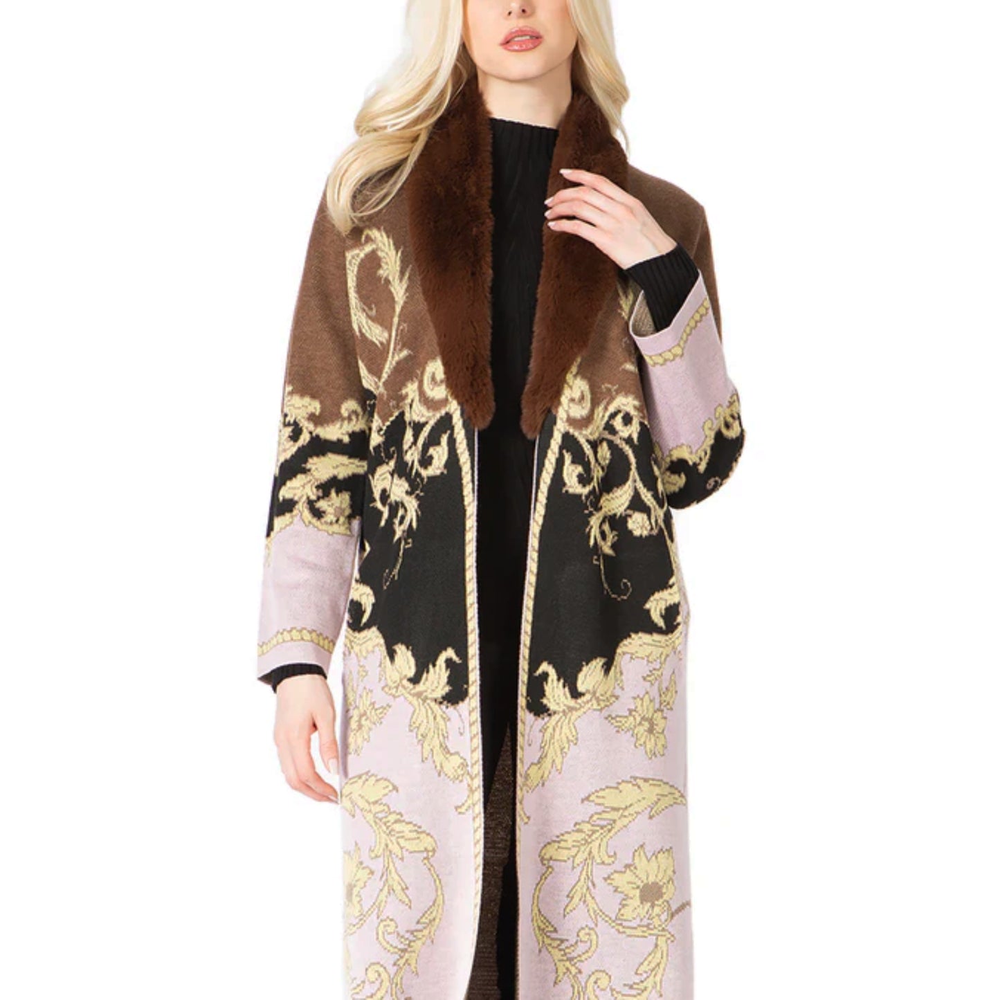 Vertigo Paris Women's Ornate Sunflower Intersia Button Front Knit Duster Coat