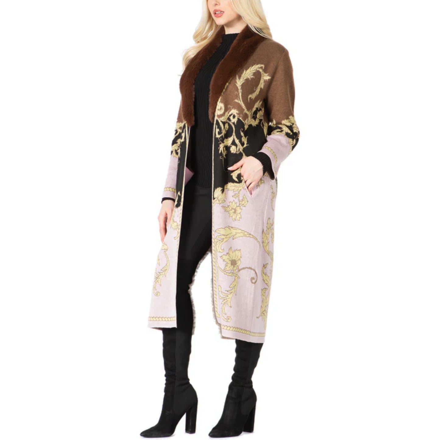 Vertigo Paris Women's Ornate Sunflower Intersia Button Front Knit Duster Coat
