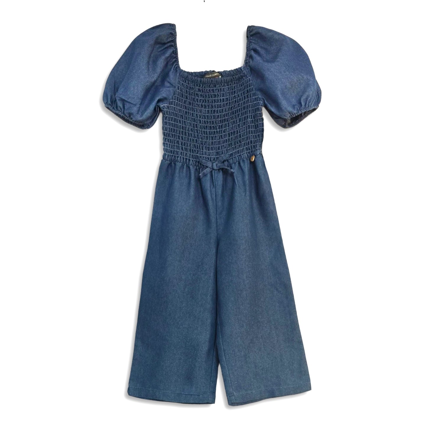 Vince Camuto Little Girl Smocked Bodice Puff Sleeve Denim Jumpsuit