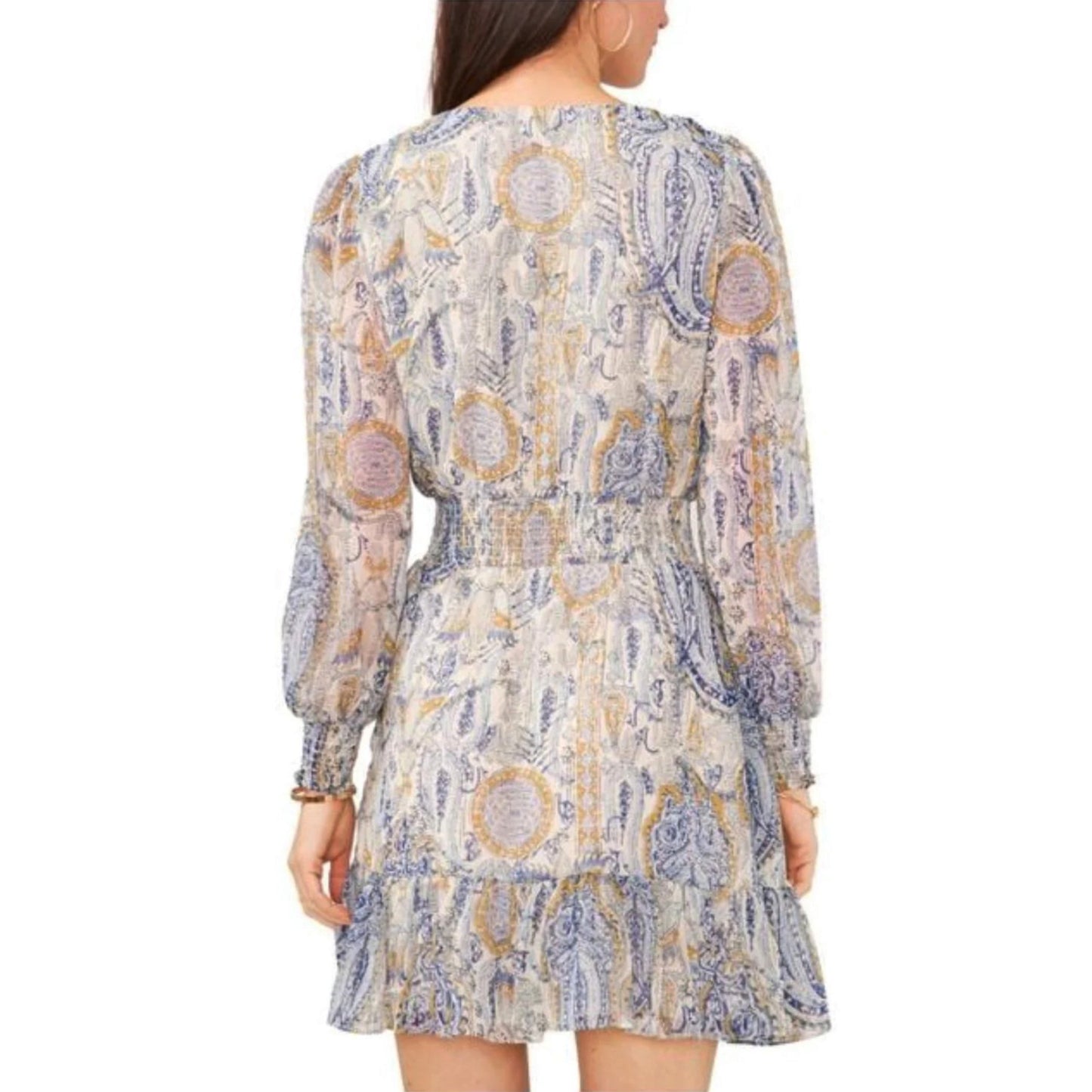 Vince Camuto Women's Parsley Print Ruffle Hem Smocked-Waist Long Sleeve Mini Dress