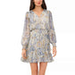 Vince Camuto Women's Parsley Print Ruffle Hem Smocked-Waist Long Sleeve Mini Dress